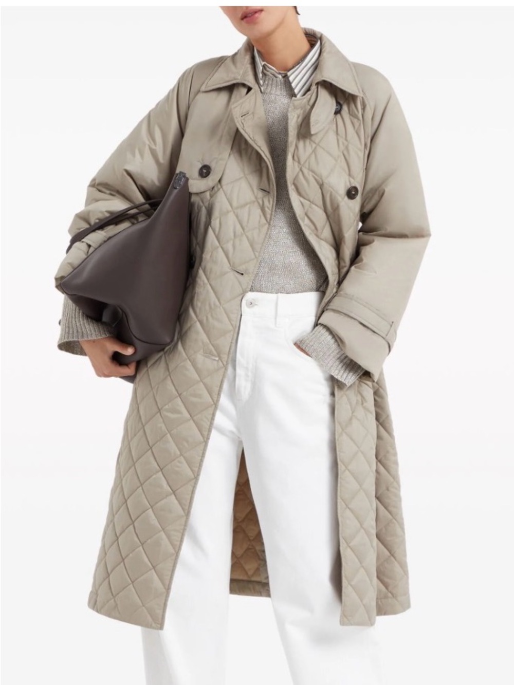 Brunello Cucinelli Quilted Long Trench Coat in Taupe